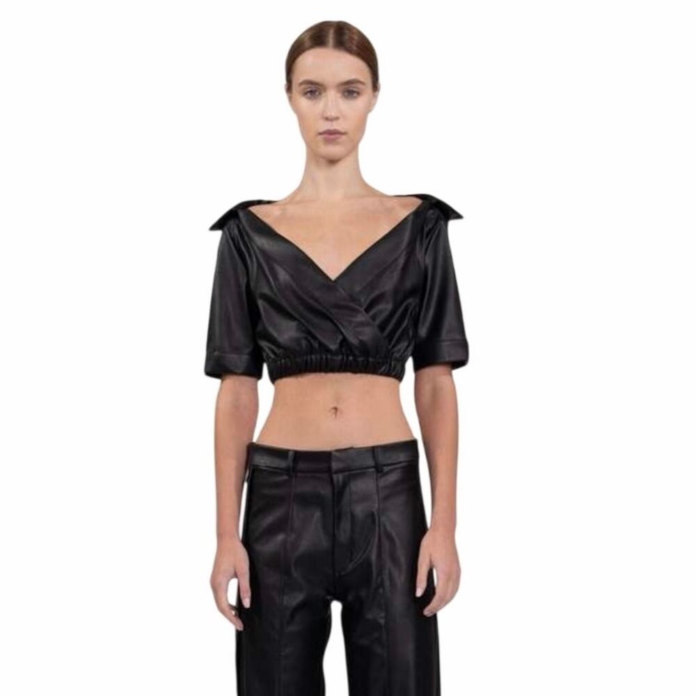 Nonchalant Label Kate Black Vegan Leather Off Shoulder Crop Top S $230